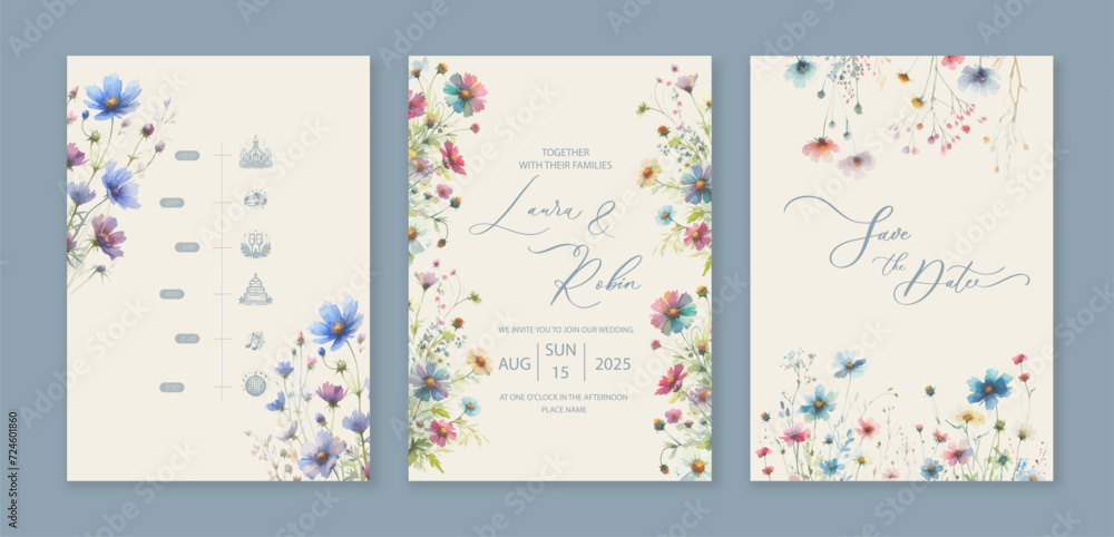 Luxury wedding invitation card background wild herbs and flowers. - obrazy, fototapety, plakaty 