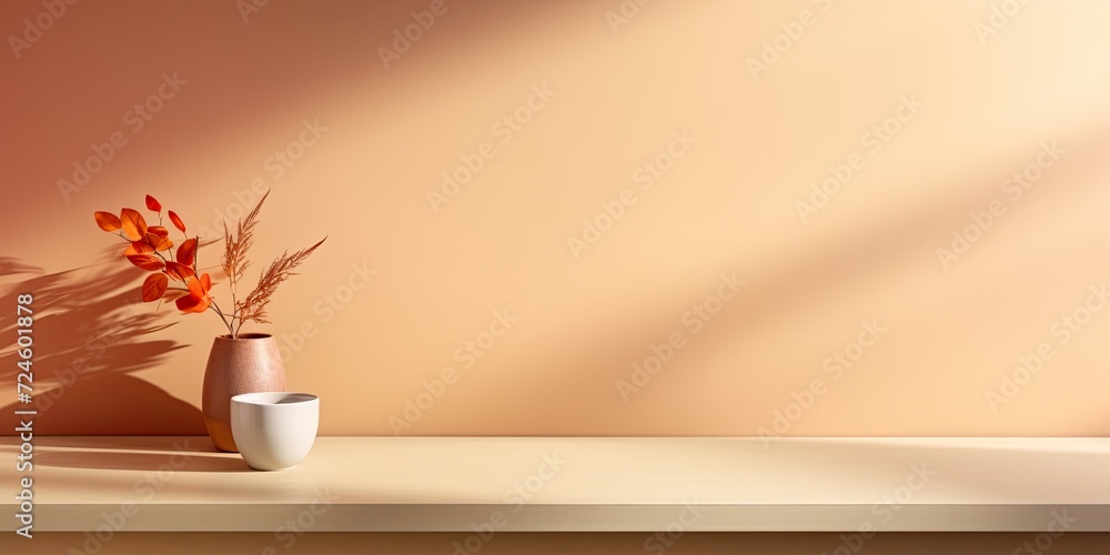 Fall-themed background for a studio or kitchen, featuring a shadowy table, with orange and beige colors creating a gradient pattern. It's a mockup with a cosmetic, abstract cream color pastel texture Fall-themed background for a studio or kitchen, featuring a shadowy table, with orange and beige colors creating a gradient pattern. It's a mockup with a cosmetic, abstract cream color pastel texture