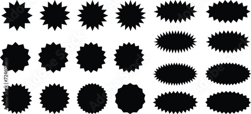 Starburst sale sticker or ribbon black icon set price, discount, sunburst badges flat blank vector. Special offer price tag promotional shopping label isolated transparent background