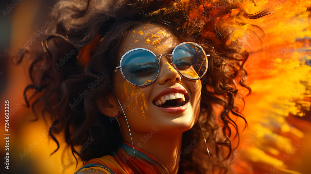 Holi festival. Cheerful happy woman in colorful bright paint. Summer portrait of smiling feel good lies girl. Multi colored face