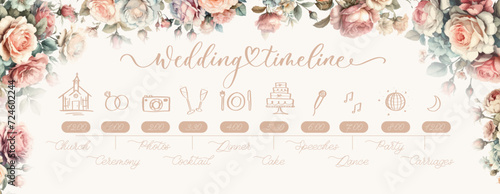 Wedding Timeline menu on wedding day with watercolor peonies. Abstract floral art background vector design for wedding and vip cover template.
