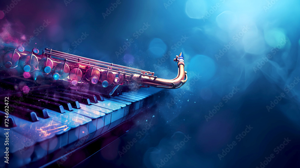 Abstract jazz concept with a saxophone on neon-glowing piano keys. Saxophone merges with piano keys in a vibrant jazz fusion fantasy. Musical improvisation captured with a sax over illuminated piano - obrazy, fototapety, plakaty 