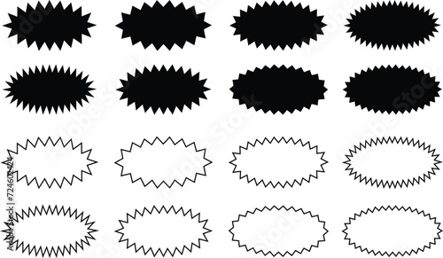 Starburst sale sticker or ribbon black icon set price, discount, sunburst badges line and flat blank vector. Special offer price tag promotional shopping label isolated transparent background