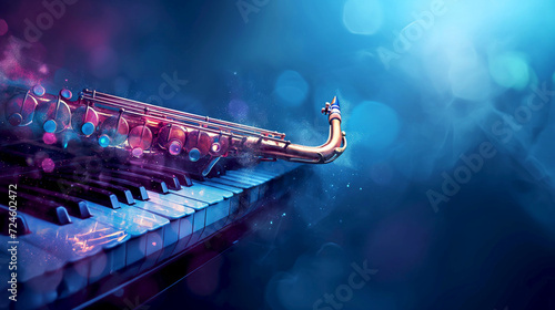 Abstract jazz concept with a saxophone on neon-glowing piano keys. Saxophone merges with piano keys in a vibrant jazz fusion fantasy. Musical improvisation captured with a sax over illuminated piano photo