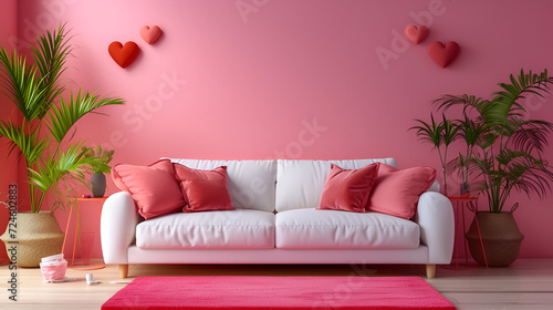  Interiorof living room with sofa and decor for Valentine day, generative ai