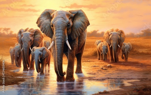 Mighty Elephant Family at Watering Hole © zainab