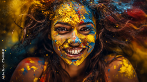 Happy sunny beautiful woman female teenager celebrating holi festival in spring, summer day outdoor in green park with light leaks and colorful powder. International spring happy holi holiday concept