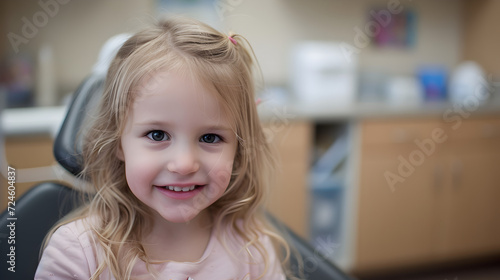 Portrait of smiling little girl at dental clinic. Dental treatment.