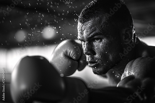 Monochrome shot of a boxer delivering a punch to a heavy bag