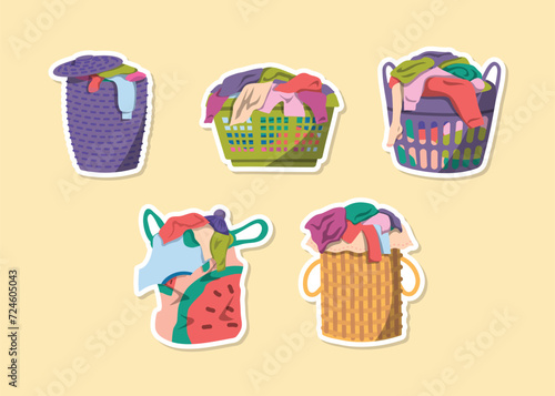 Cartoon Color Laundry Basket with Clothes Sticker Set. Vector illustration of Messy Pile of Dirty Clothing Items in Baskets