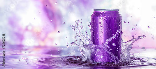 mock up product photograph of a purple color aluminum soda can isolated in splash of water with copy space for text. Fresh water splash around mockup metallic can. blank metal can lemonade photo