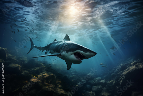 Great White Shark Carcharodon carcharias swimming underwater. Hyper realistic illustration