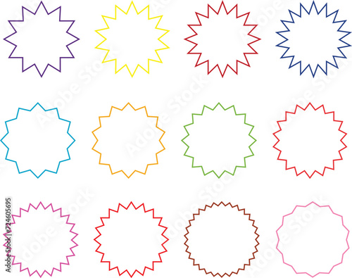 Starburst sale sticker or ribbon colorful icon set price, discount, sunburst badges line blank vector. Special offer price tag promotional shopping label isolated transparent background