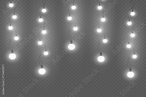 White Christmas lights. Glowing garland on a transparent background.