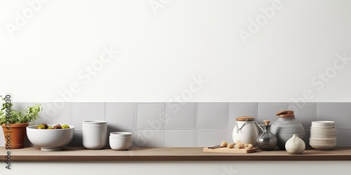 Empty kitchen mockup with utensils on white background. Wide banner.