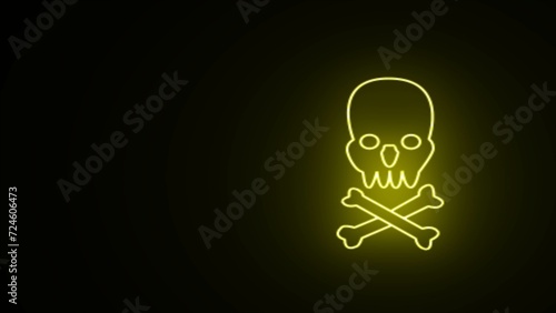 Neon skull symbol skull and crossbones icon isolated on yellow. Neon skull and crossbones icon on black background. Pirate flag skull and crossbones and bones icon.