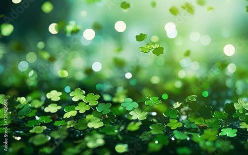 St. Patrick\'s Day clover confetti with green bokeh, creating a festive and vibrant atmosphere