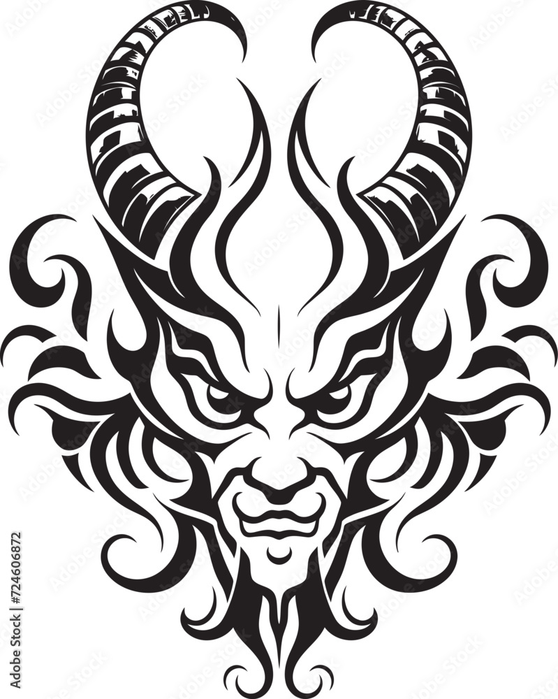 Naklejka premium Stygian Symbolism Devilhead Tattoo Design in Ebony Vector Infernal Insignia Black Devilhead Logo Vector Icon
