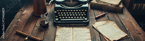 Vintage old aged black typewriter on a table, old letters, and inkwell, photo