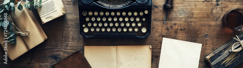 Vintage old aged black typewriter on a table, old letters, and inkwell,