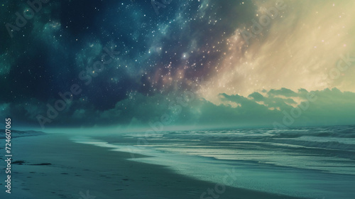 Starry sky over the ocean with a beach © Dorido
