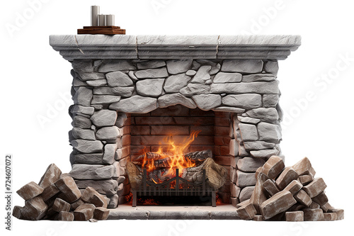 3D Render of large medieval stone Fireplace modern decorative electric fireplace with a beautiful burning flame  isolated photo on transparent background Generative Ai