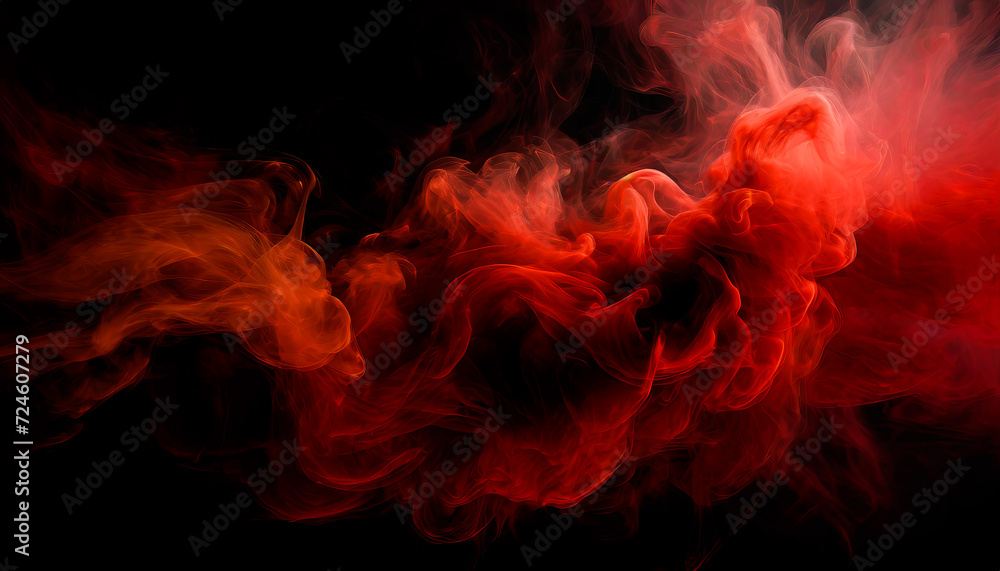 Red colorful smoke on black background, AI generated image.