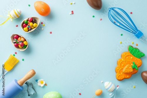 Easter delight at confectionery store. Top view of table with baking tools. Adorable pastry, cookie cutter, chocolate eggs, candies, sprinkles on light blue background. Text-friendly space available photo