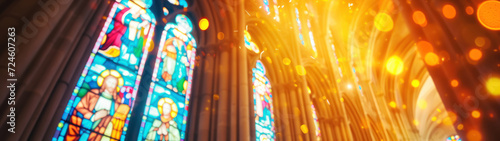 Gothic cathedral replicas with stained glass elements. Beautiful colorful gothic stained cathedral window, radiating light and intricate patterns