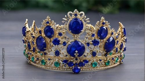 A dazzling crown adorned with precious gemstones in shades of lapis lazuli blue and royal green.