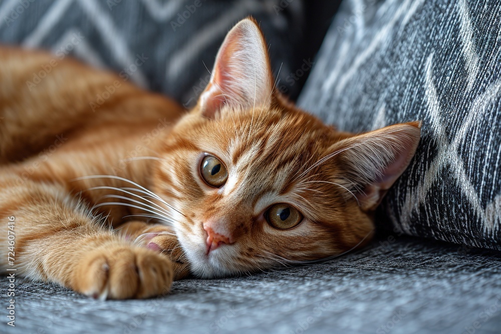 A cute red striped young cat lies on a gray sofa and looks attentively.high-resolution, high quality 8k photo