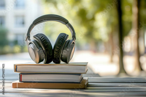 Language learning background with foreign language books and headphones. headphones on book © Pongsapak