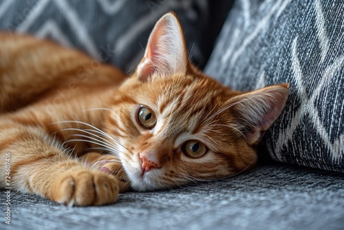 A cute red striped young cat lies on a gray sofa and looks attentively.high-resolution, high quality 8k photo