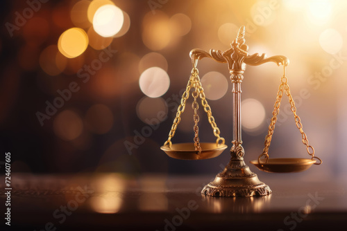 Scales of justice with a faint light glow, depicting Justice. justice concept. bokeh. Judicial gavel photo