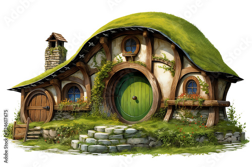 Hobbit village, houses with round doors and windows. Roofs of the houses are covered with grass. World of the Lord of the Rings. 3d illustration transparent background Generative Ai photo