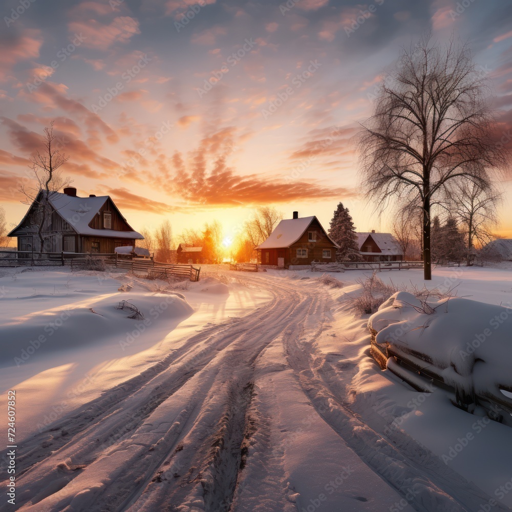 A Sunrise on a winter morning, rural northern village with snow, warm morning lights. A Sunrise on a winter morning, rural northern village with snow, warm morning lights.