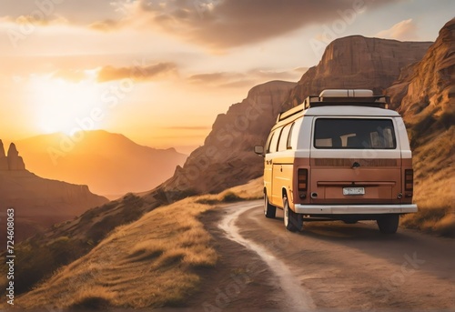 A van traveling at sunset in nature on a canyon path for a road trip to adventure and freedom from Generative AI