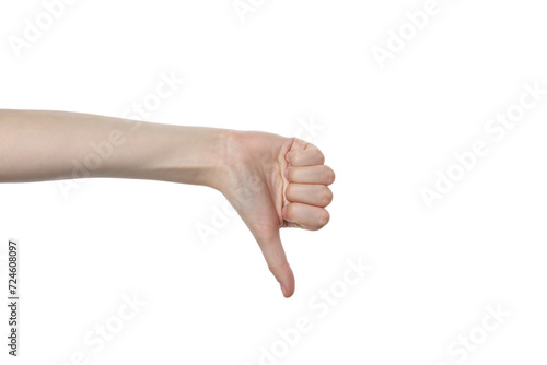 PNG,female hand showing finger down, isolated on white background