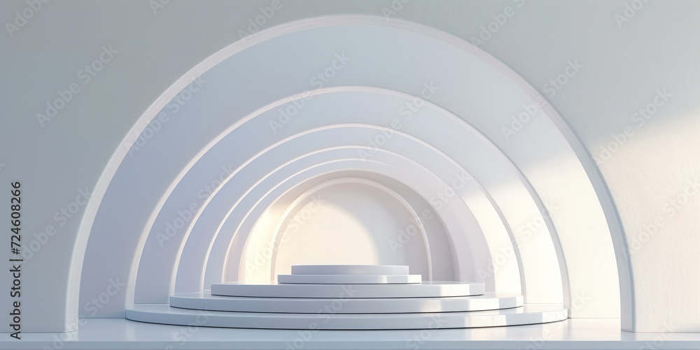 Minimalist White Arch Podium: A sleek and modern product display with a white background and a series of minimalist arches. Ideal for showcasing your products in a clean and elegant way. Minimalist White Arch Podium: A sleek and modern product display with a white background and a series of minimalist arches. Ideal for showcasing your products in a clean and elegant way.