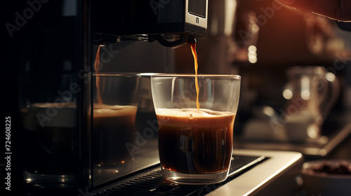Pouring coffee into a cup from a coffee machine, coffee Cafe business