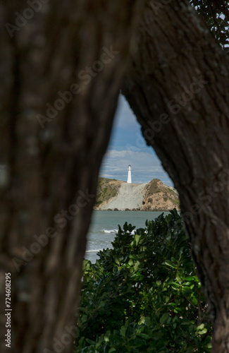 Lighthouse on rocks. Castle point coast New Zealand. Pacific ocean. Beach.