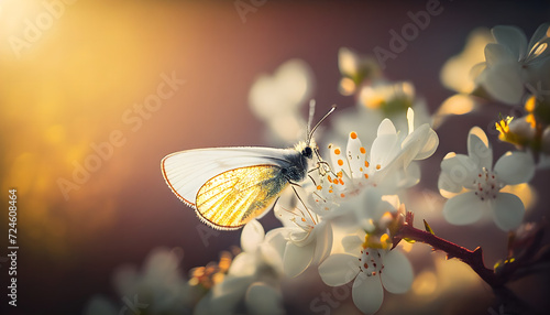 beautiful Spring nature blurred background; white spring flower and fly butterfly against evening sunny sky. Generative AI.