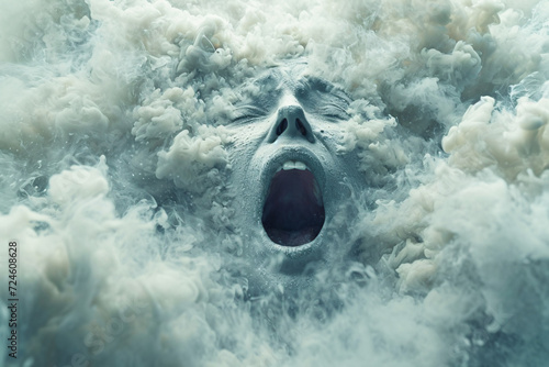 Close-up of a person yelling with cloud-like smoke effect photo
