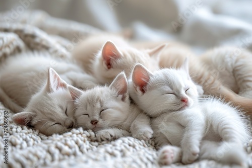 A family of kittens lie and sleep curled up. Cute white kitten with blue eyes looks carefull high-resolution photo