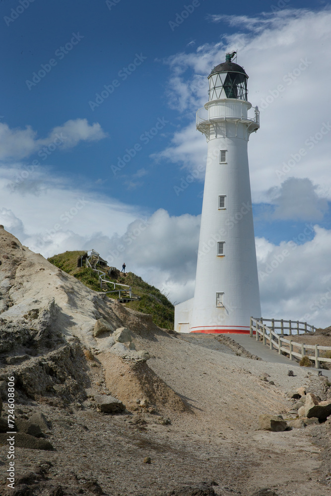 Lighthouse on rocks. Castle point coast New Zealand. Pacific ocean.