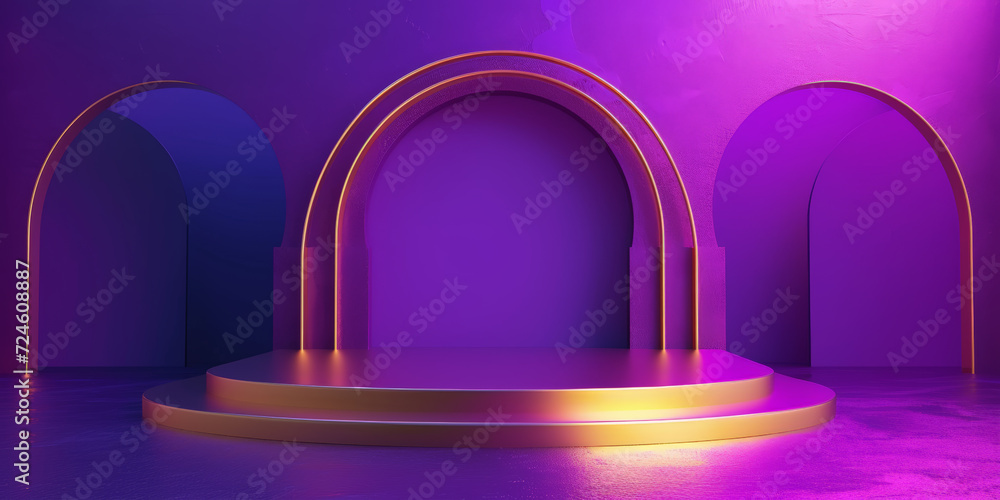 Purple Archway Podium: A mesmerizing backdrop for product displays and presentations, featuring a golden podium with three arches in a vibrant purple space. Ideal for showcasing luxury, elegance, and Purple Archway Podium: A mesmerizing backdrop for product displays and presentations, featuring a golden podium with three arches in a vibrant purple space. Ideal for showcasing luxury, elegance, and