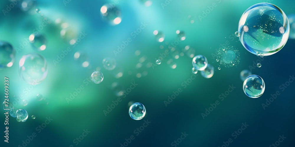 Bubbles in light sunny water. Clear Bubble, Live Water, Colorful background with water bright bubbles, A green and blue background with water drops.


