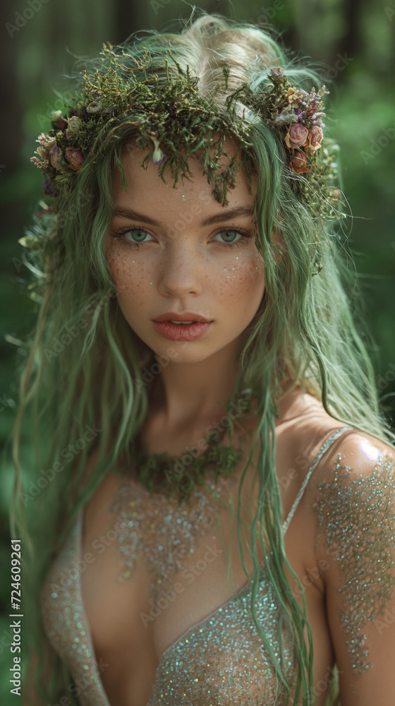 Forest elf queen. Young woman with green hair concept. Forest elf queen. Young woman with green hair concept.