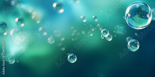 Bubbles in light sunny water. Clear Bubble, Live Water, Colorful background with water bright bubbles, A green and blue background with water drops.