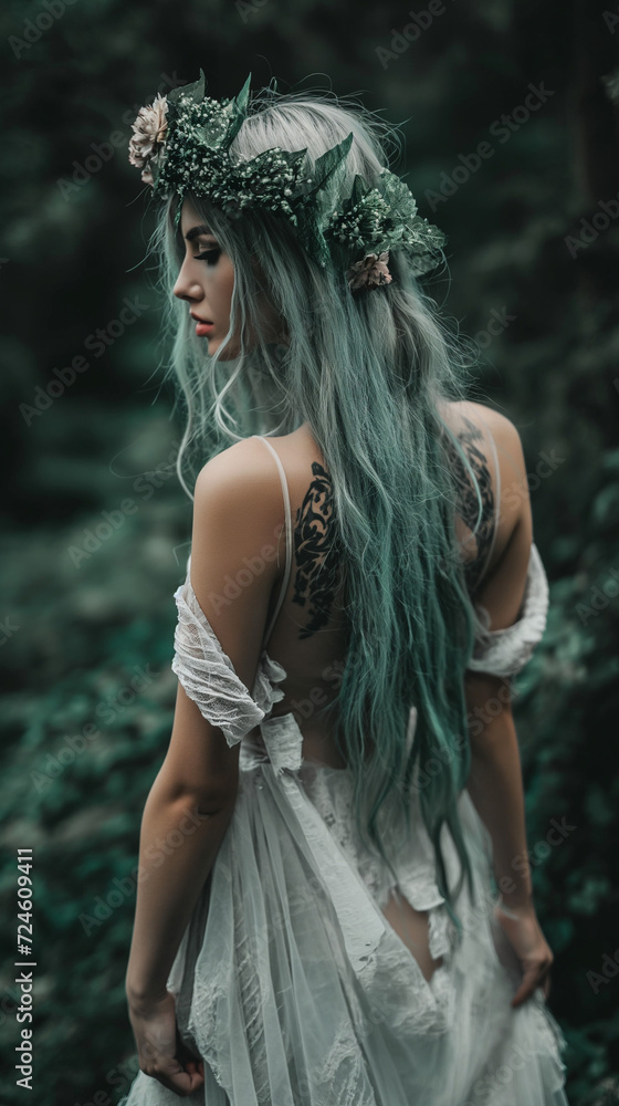 Wild young woman with green hair in the forest. Mavka concept